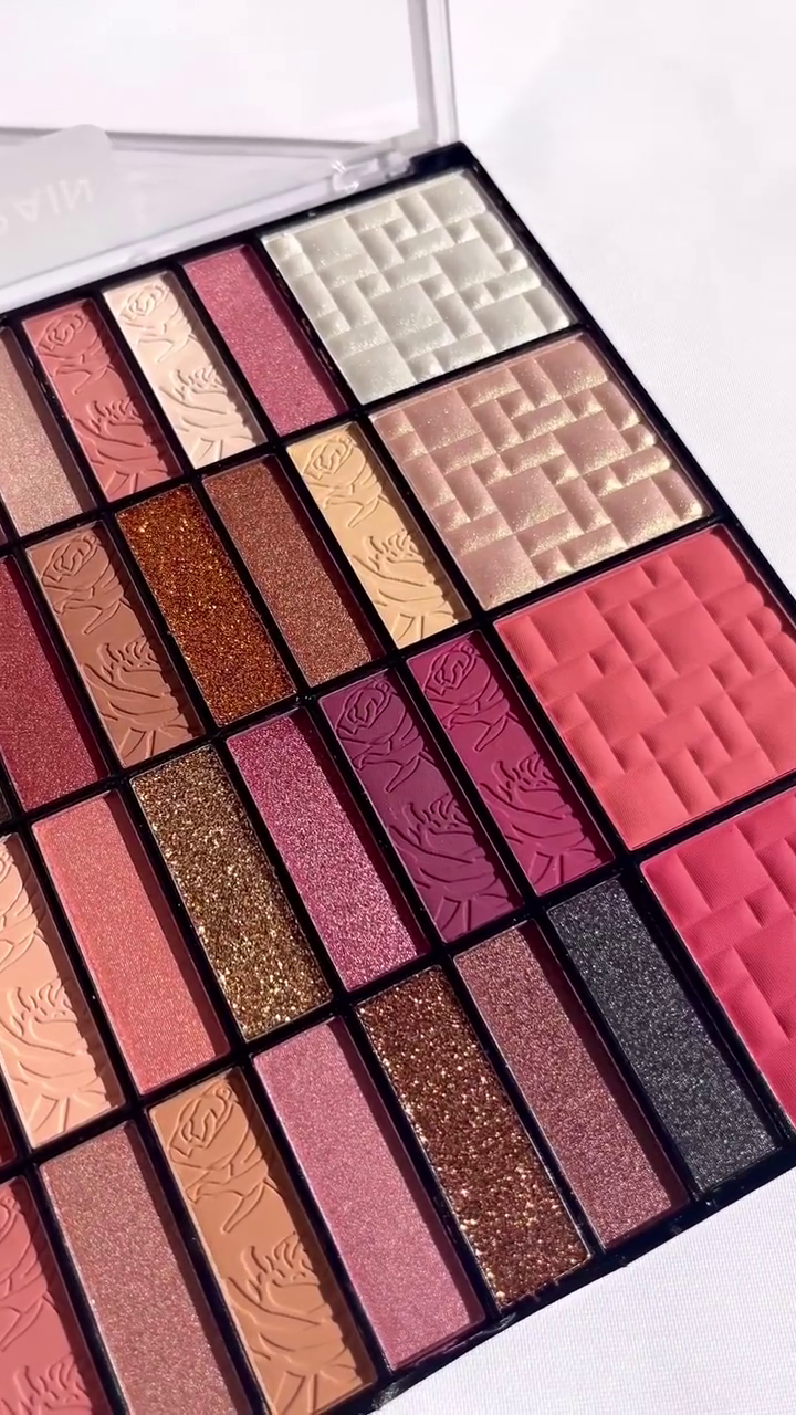 Luxury 48 Color Eyeshadow and Face Palette with Matte, Shimmer, Metallic and Glitter Shades in Nude, Brown, Rose, Gold, Copper, Burgundy and Peach Tones Featuring Embossed Floral and Textured Designs for Professional and Everyday Makeup Looks