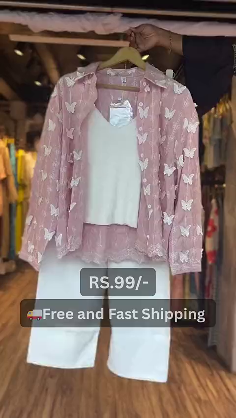 Pink Butterfly Embroidered Long Sleeve Shirt with Delicate Lace Detailing Paired with Chic White High-Waist Wide-Leg Pants and a Soft White V-Neck Inner Tank Top