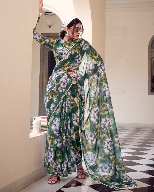 Green Color Weightless Marble Printed Saree