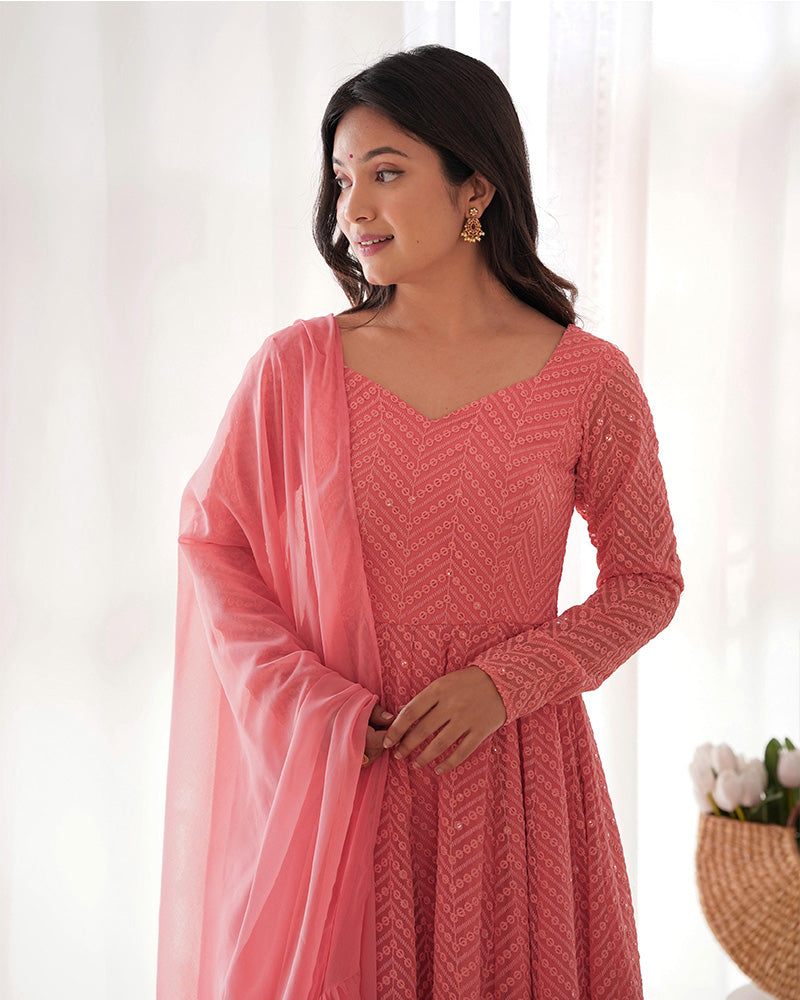 Dark Peach Color Georgette Lucknowi Three Piece Anarkali Suit