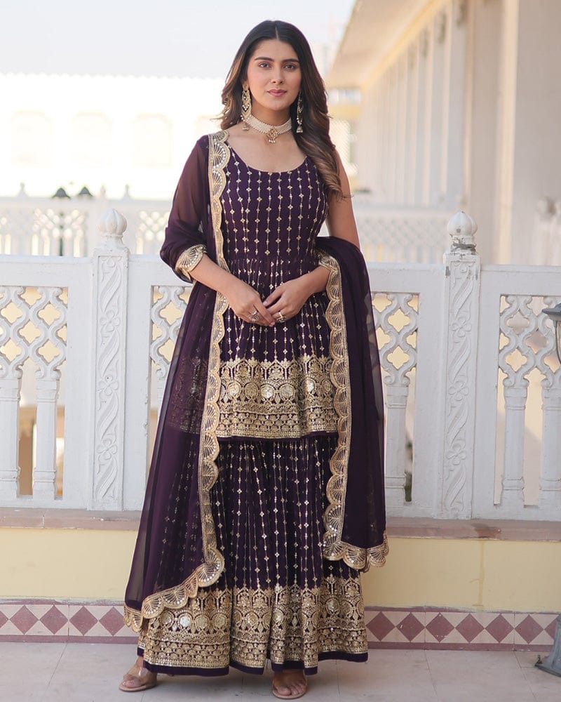 Designer Dark Wine Color Three Piece Gharara Suit