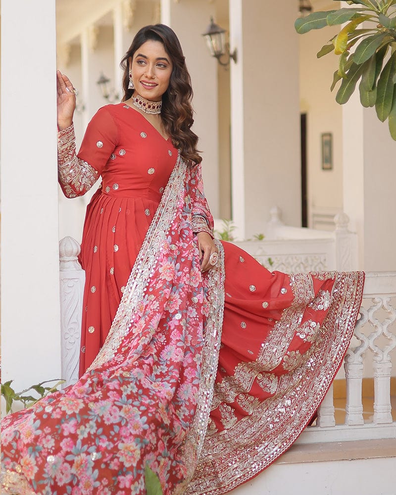 Red Color Faux Georgette Designer Gown With Dupatta
