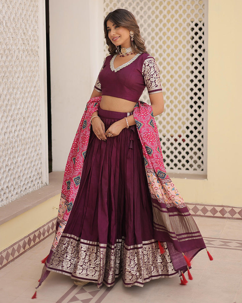 Wine Color Jacquard Lehenga Choli With Gaji Silk Dupatta