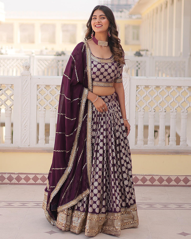 Wine Color Pure Viscose Jacquard Lehenga Choli
