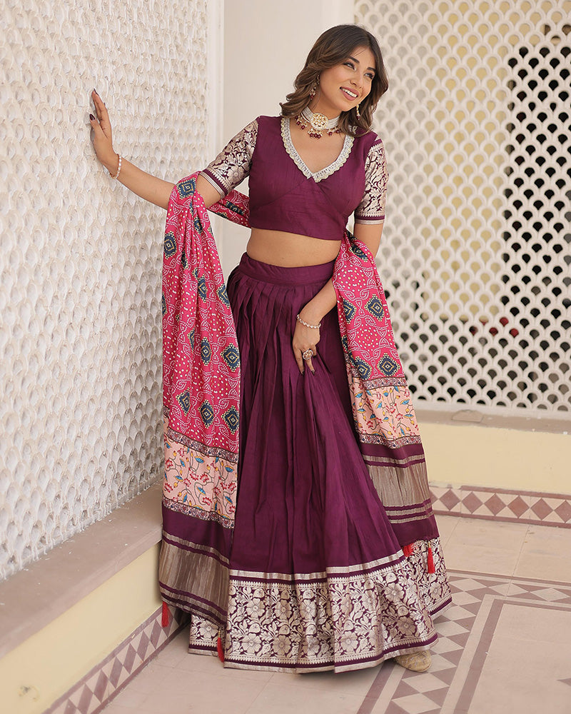 Wine Color Jacquard Lehenga Choli With Gaji Silk Dupatta