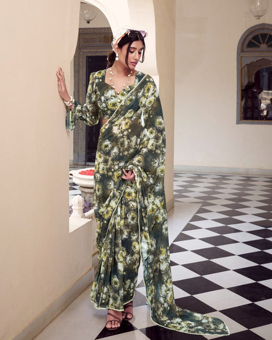 Mehndi Color Weightless Marble Printed Saree