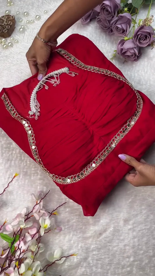 Exquisite Deep Red Chiffon Ethnic Kurta Set with Intricate Gold Mirror Work Neckline, Drawstring Detail, Pearl Tassel Accents, and Matching Comfort-Fit Trousers and Dupatta
