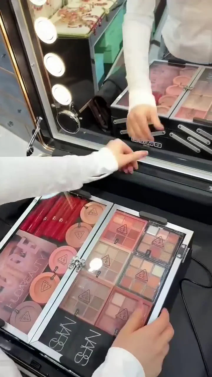 Professional Travelling Makeup Box with LED Mirror and Adjustable Stand – Complete Portable Vanity Case with Brushes, Foundations, Lipsticks, Eyeshadow Palettes and Full Cosmetic Organizer for Makeup