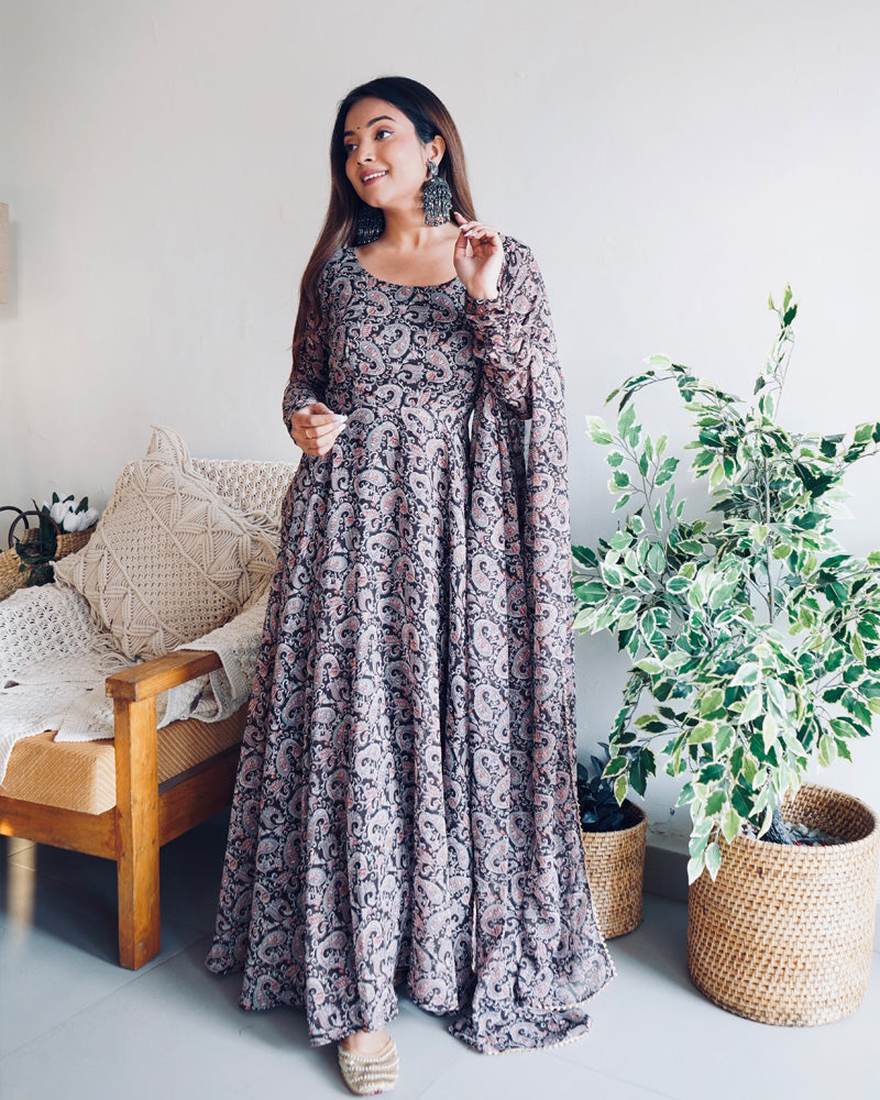 Kalamkari Black Color Anarkali Three Piece Suit