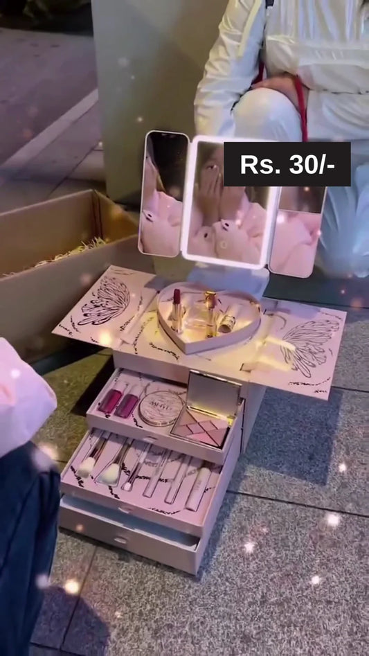 Luxury Makeup Organizer Box with Tri-Fold Vanity Mirror – Portable Cosmetic Storage Case with Lipsticks, Brushes, Compact Powder, Blush and Drawer Sections for Daily Use and Gifting