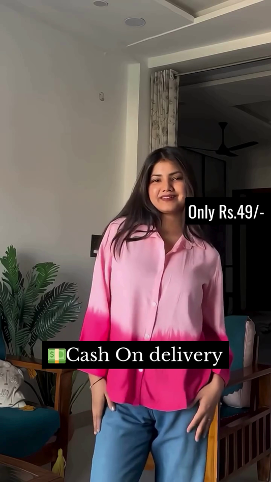 Stylish Shirt Combo – Pink Ombre Dip-Dye Button-Down Shirt & Black Long-Sleeve Shirt with White Floral Embroidery and Scalloped Hem, Perfect for Casual Outings with Blue Denim Jeans