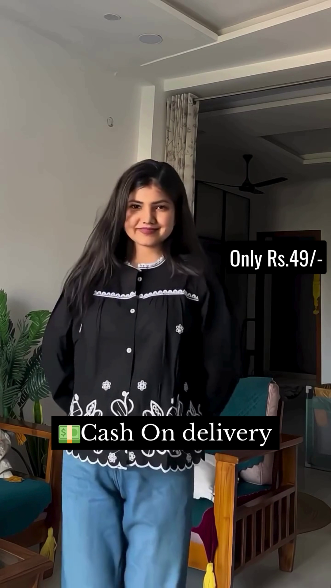 Stylish Shirt Combo – Pink Ombre Dip-Dye Button-Down Shirt & Black Long-Sleeve Shirt with White Floral Embroidery and Scalloped Hem, Perfect for Casual Outings with Blue Denim Jeans