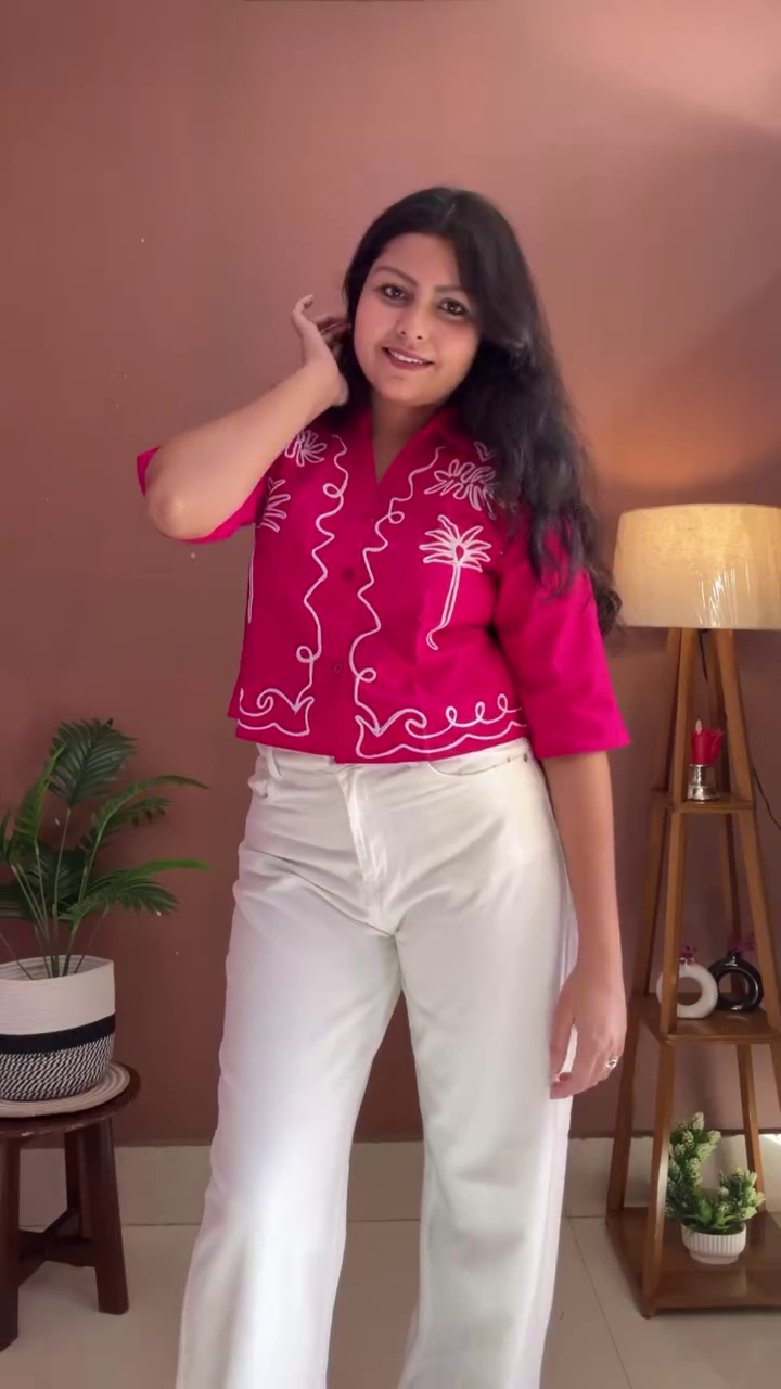 Stylish Casual Shirt Combo Featuring Red Embroidered Palm Tree Design Cropped Button-Down with Half Sleeves and Maroon Solid Collared Short-Sleeve Shirt