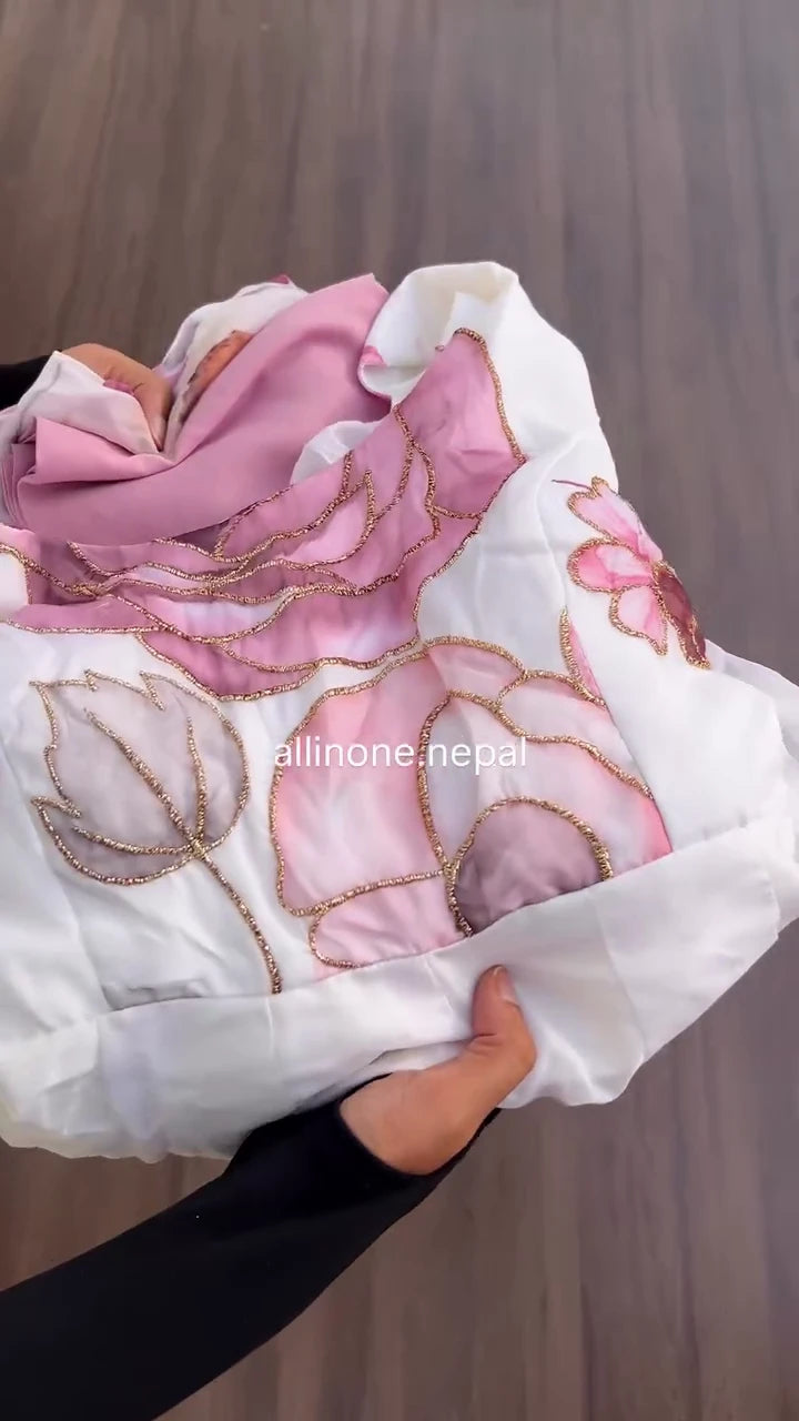 White Anarkali Style Suit Featuring Soft Pink Watercolor Floral Print Accents on the Yoke and Hem, Paired with a Coordinating Dusty Rose Gathered Bottom and a Matching Printed Dupatta