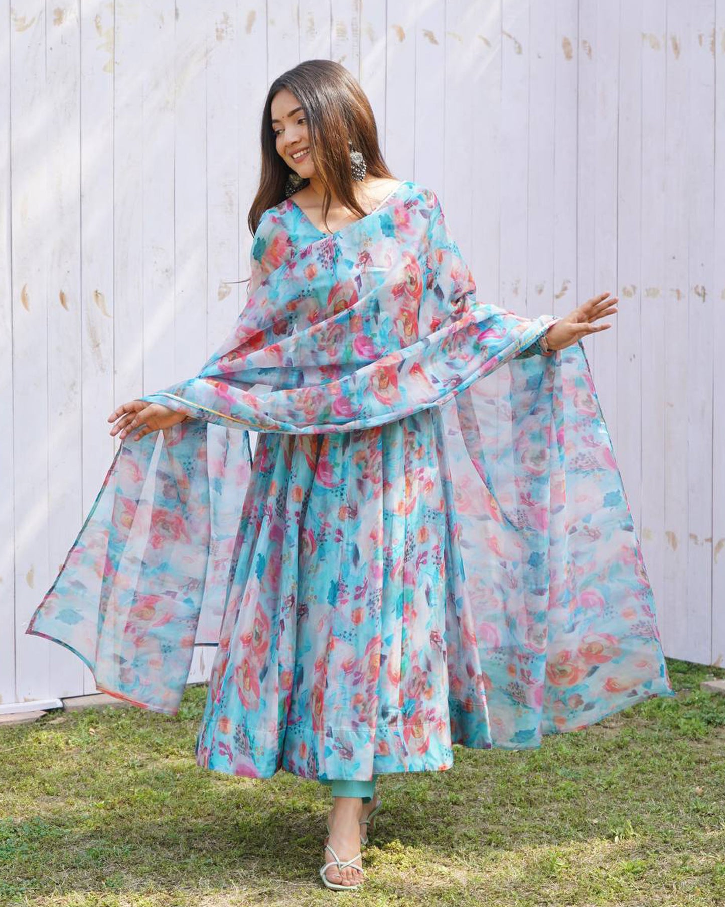 Sky Blue Multi Color Print Organza Three Piece Anarkali Suit