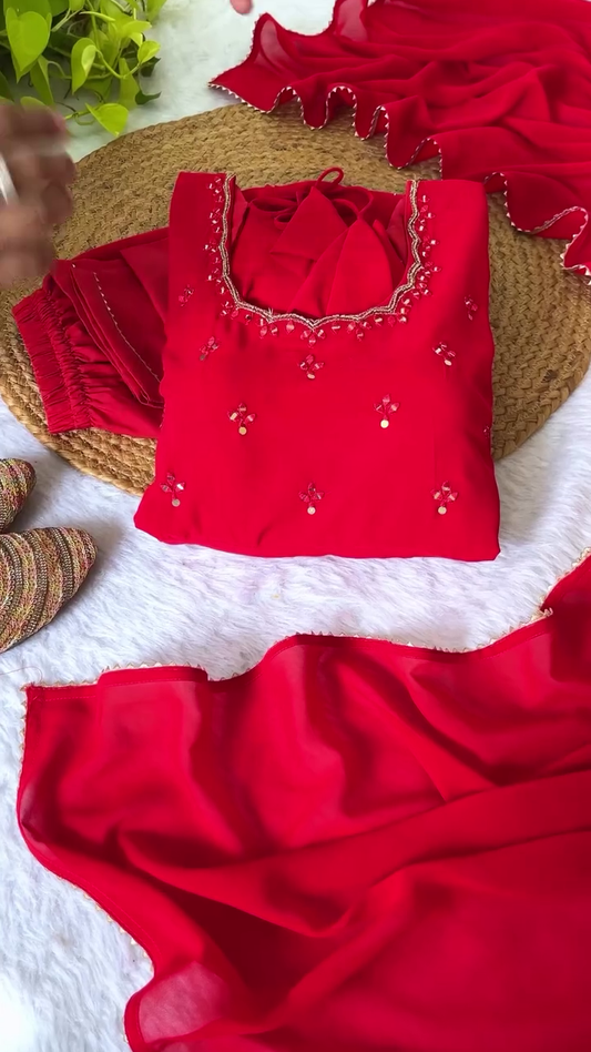 Red Embroidered Salwar Suit – Traditional Ethnic Wear with Intricate Mirror Work, Matching Dupatta & Bottom for Festive and Wedding Occasions