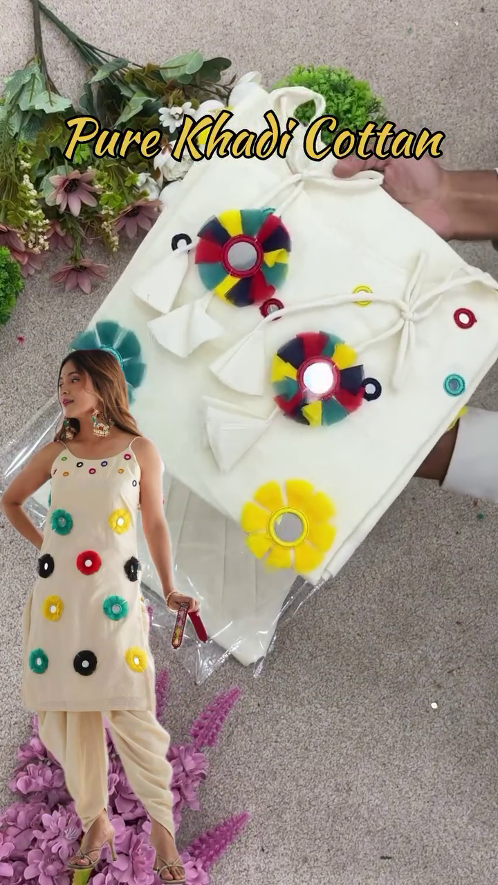 Pure Khadi Cotton Festive Suit – Elegant Off-White Ethnic Wear with Colorful Mirror Embroidery & Tassel Detailing for Traditional Celebrations