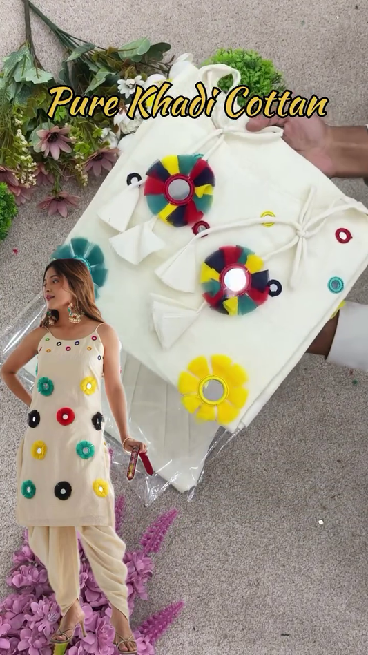 Pure Khadi Cotton Festive Suit – Elegant Off-White Ethnic Wear with Colorful Mirror Embroidery & Tassel Detailing for Traditional Celebrations