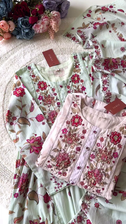 Floral Printed and Embroidered Cotton Kurta Set with Intricate Thread Work, Front Button Detailing, and Coordinated Dupatta in Soft Pastel Shades – Elegant Ethnic Wear for Festive and Casual Occasions