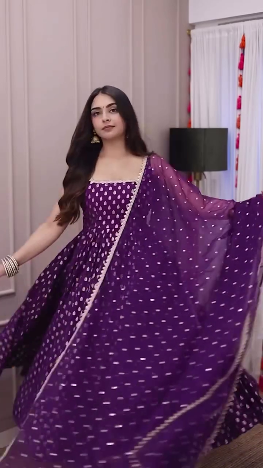 Purple Georgette Anarkali Suit with Golden Foil Print, Square Neckline, Flowy Flared Silhouette, and Sheer Dupatta Accented with Lace Border – Perfect Ethnic for Weddings and Special Occasions
