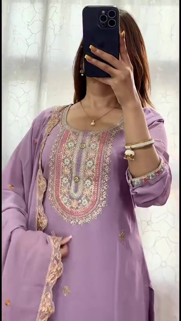 Elegant Lilac Anarkali with Intricate Floral Embroidery and Delicate Golden Detailing, Paired with a Matching Dupatta