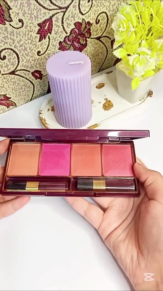 4-Color Blush Palette – Nude, Pink, Peach & Rose with Dual Brushes
