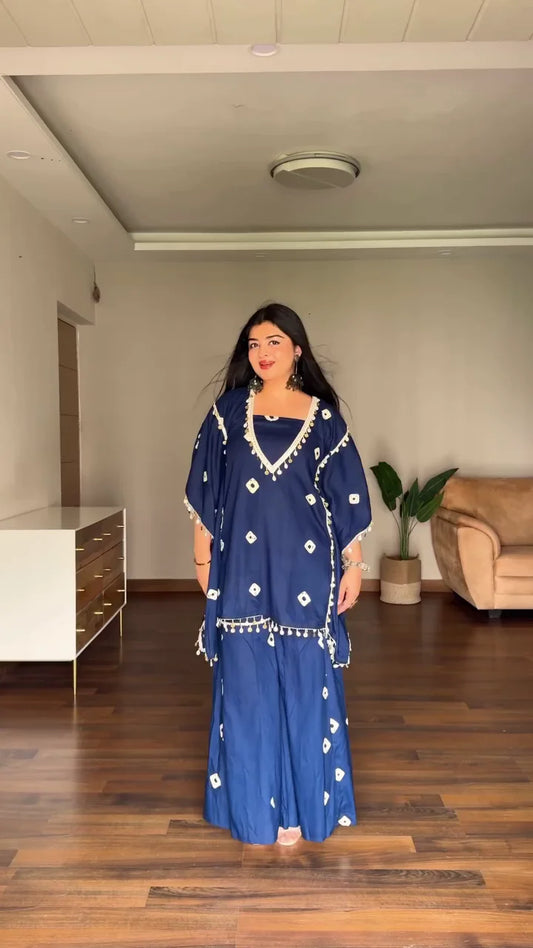 Trendy Women’s Ethnic Kaftan Kurti Set with Palazzo – Stylish Embroidered & Tassel Detailing | Comfortable Daily Wear & Festive Traditional Outfit