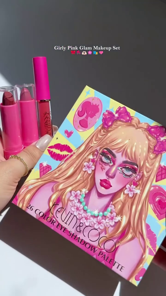 Keim & Coco Girly Pink Glam Makeup Set – Vibrant Eyeshadows, Blushes, and Highlighters in Heart-Shaped and Star-Printed Shades for a Playful Look