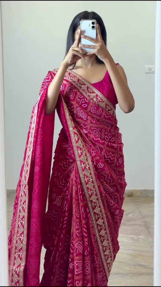 Pink Saree with Intricate Golden Embroidery, Traditional Indian Wedding Attire, Bridal or Festive Wear, Beautiful Handcrafted Design with Detailed Work on Borders and Pallu