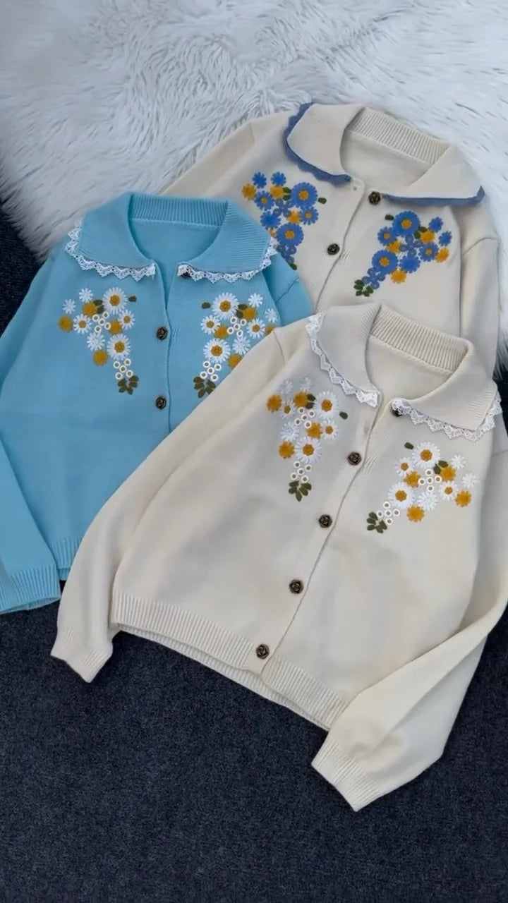 Soft Knit Cardigan with Flower Embroidery and Retro Lace Collar Design for Everyday Wear