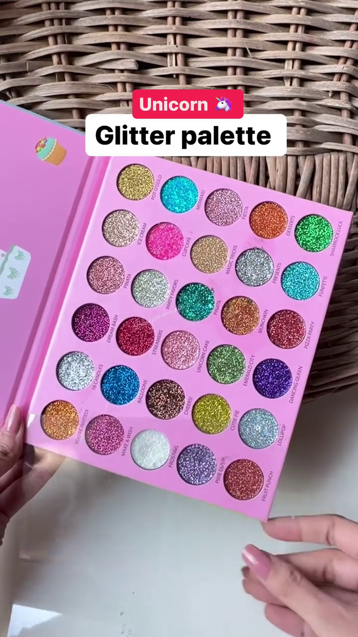 Unicorn-Inspired Glitter Palette with 25 Vibrant Shades – Including Sparkling Colors Like Cupcake, Ice Cream, Dreamy Sky, Emerald City, and Fruit Punch