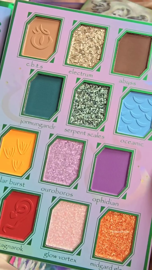antasy-Inspired Eyeshadow Palette with 12 Unique Shades – Featuring Bold and Mystical Colors Like Jormungandr, Electrum, Abyss, Serpent Scales, Oceanic, Ragnarok, and Midgard Glow
