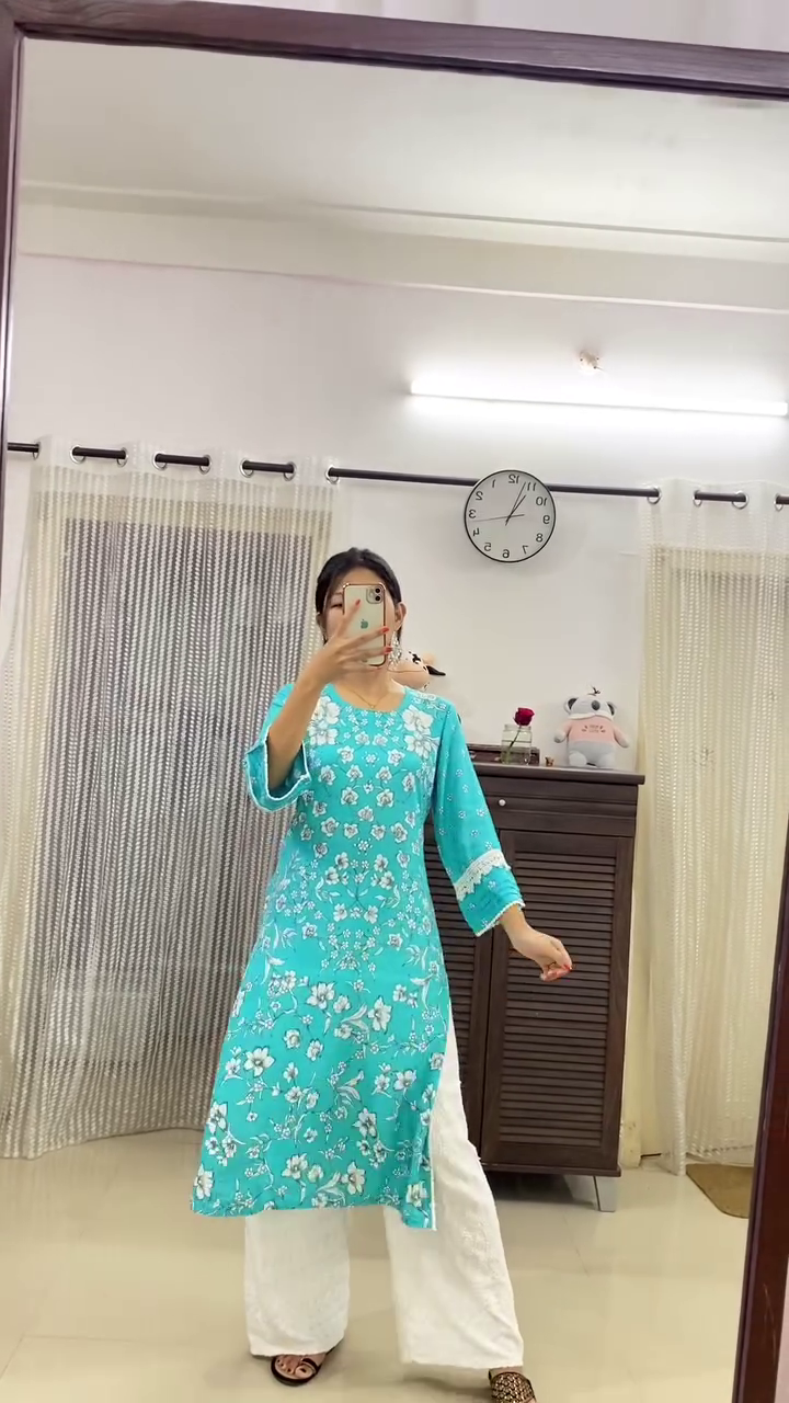 Floral Printed Long Kurta with White Palazzo and Stylish Footwear Set for Women, Perfect for Casual or Semi-Formal Occasions