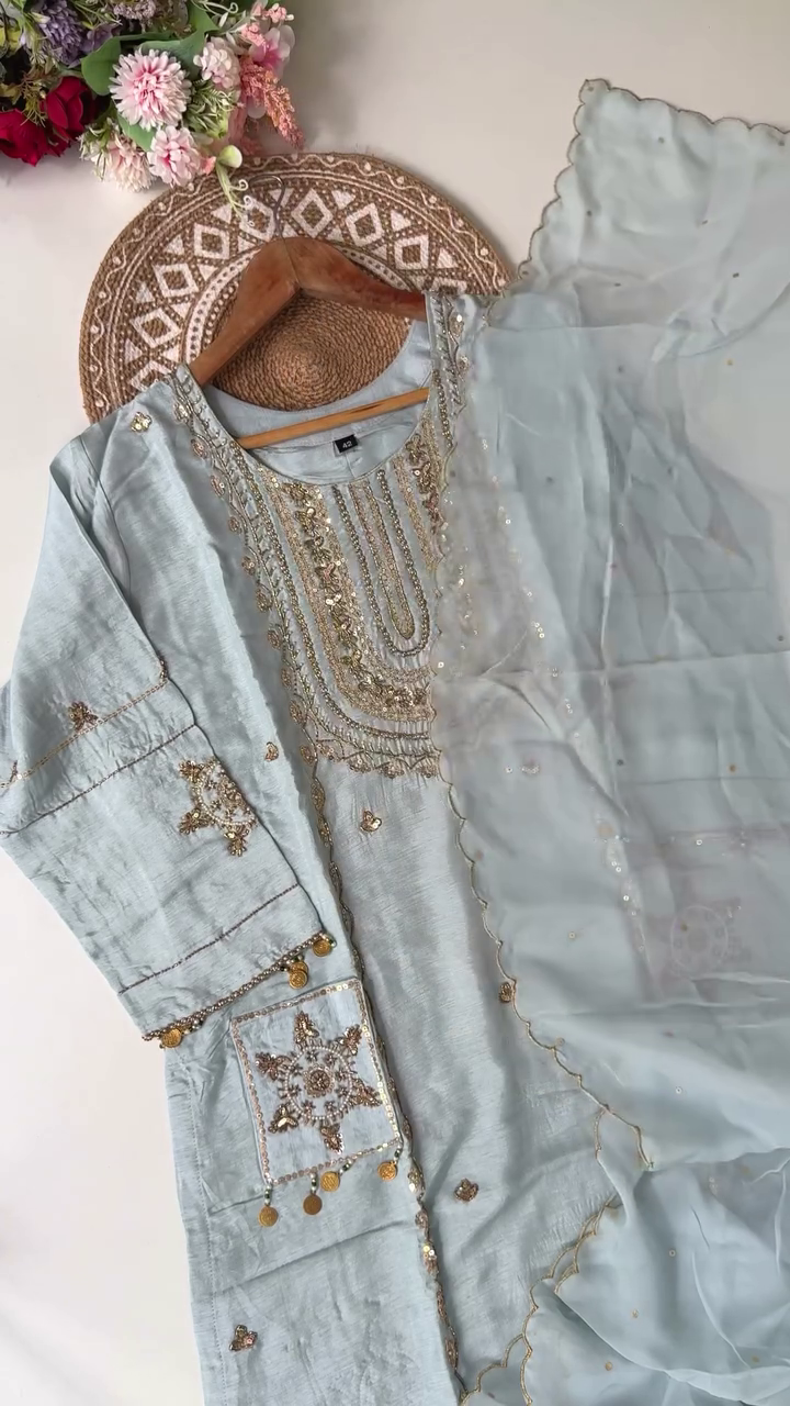 Light Blue Embroidered Salwar Kameez with Gold Detailing and Sequins, Complete with Sheer Dupatta for Formal and Festive Occasions