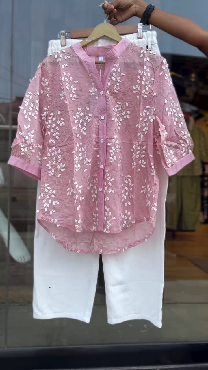 Pink Embroidered Floral Top with Button Detail and White Cropped Pants Set for Women