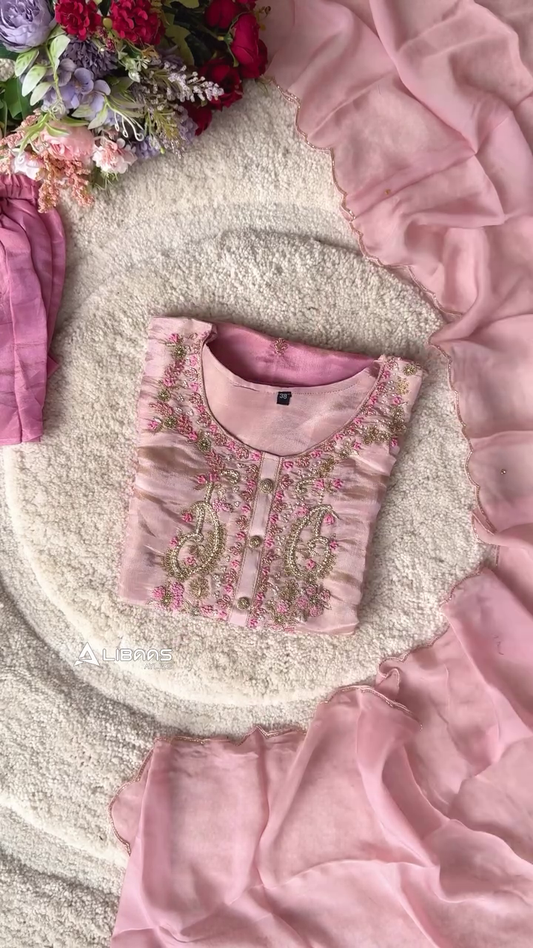 Pink Embroidered Kurti – Soft Fabric with Delicate Floral Detailing and Button Closure for a Timeless Traditional Look