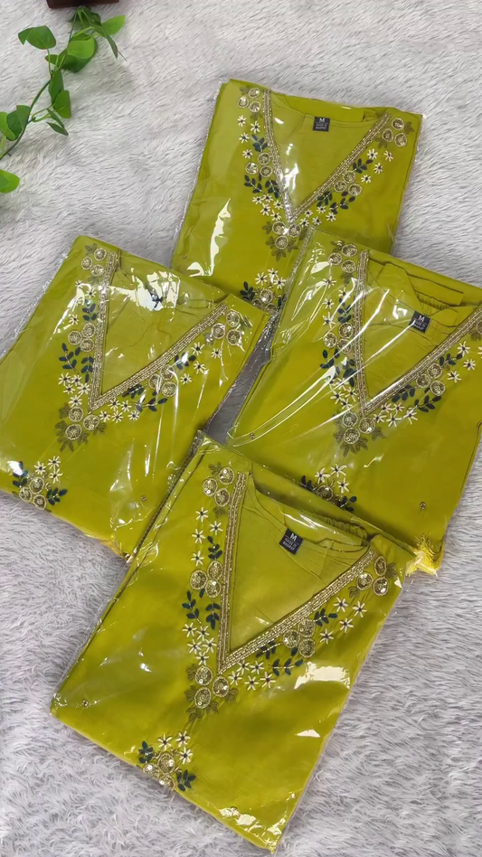 Yellow Embroidered Kurta Set with Intricate Moti and Floral Detailing – Crafted with Handwork, Perfect for Traditional and Festive Wear
