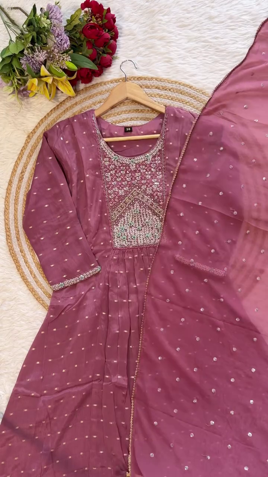 Lavender Embroidered Anarkali Kurta with Intricate Sequin and Beadwork - Paired with Sheer Georgette Dupatta for Festive and Traditional Occasions