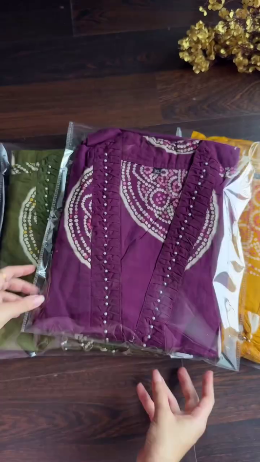Embroidered Cotton Kurta Set with Detailed Floral Pattern and Elegant Ruffle Design - Available in Multiple Colors and Sizes (XL, Green, Mustard, Purple)