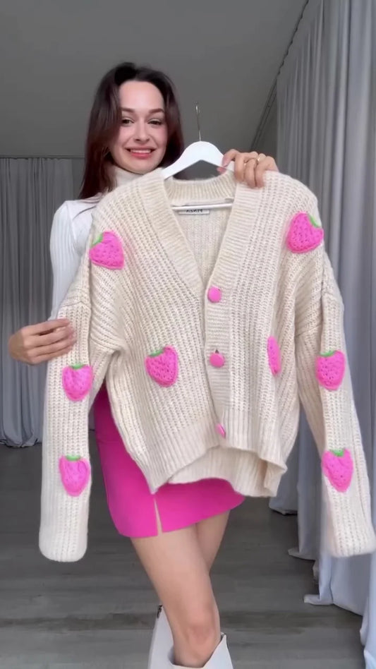 Chic Beige Knit Cardigan with Pink Heart Detailing and Vibrant Skirt – Sweet Girly Look
