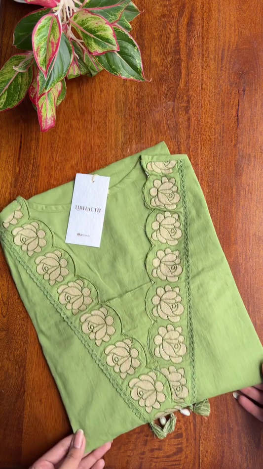 Green Embroidered Cotton Kurta with Floral Detailing and Tassel Accents for a Sophisticated Traditional Look