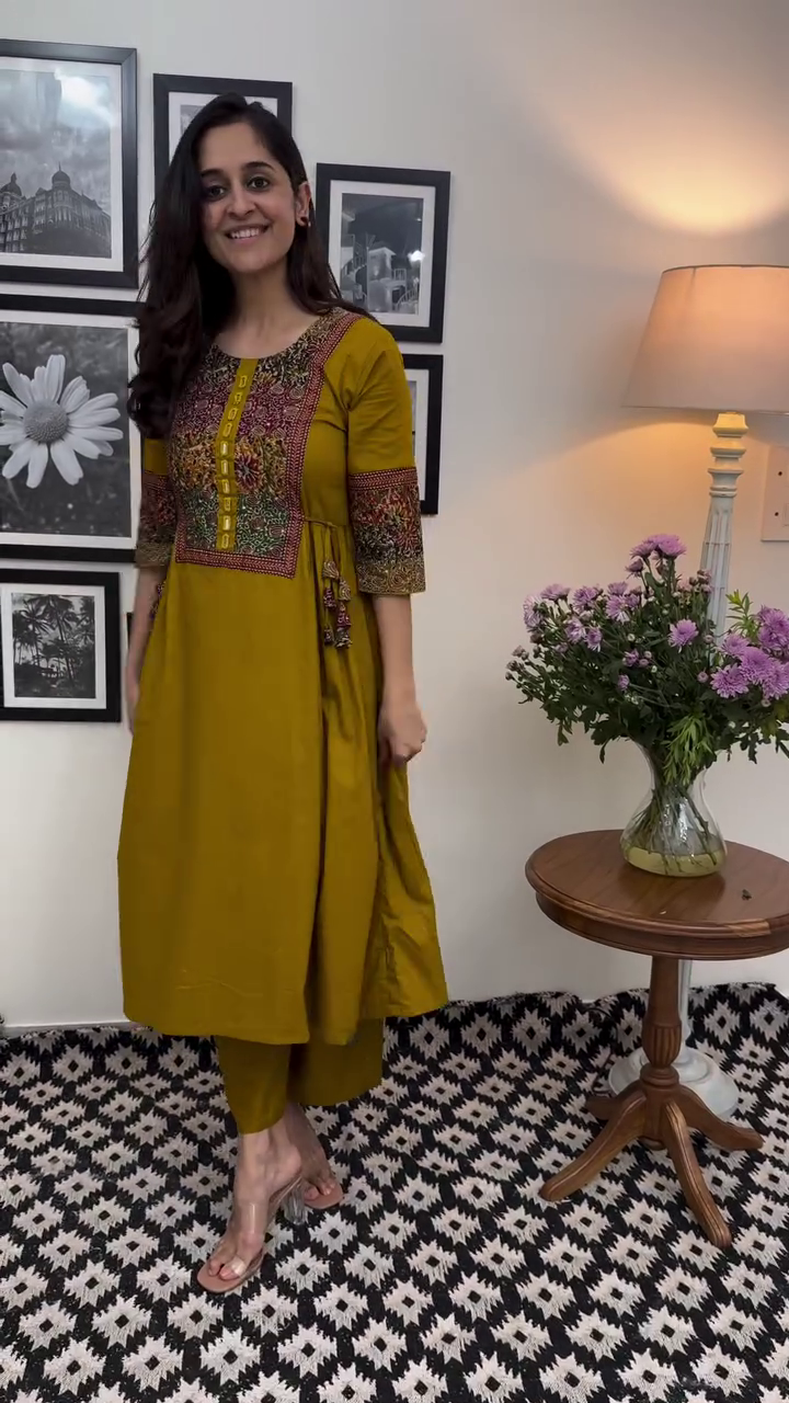 Set of 2 Elegant Traditional Kurtis in Purple and Mustard with Intricate Embroidery for a Stylish and Comfortable Look