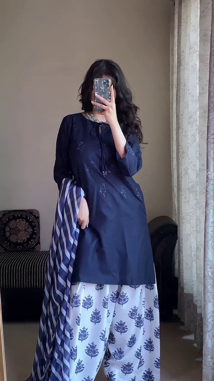 Elegant Navy Blue Embroidered Kurta Paired with Floral Print Palazzo and Striped Dupatta – A Chic Traditional Ensemble for Festive and Casual Occasions