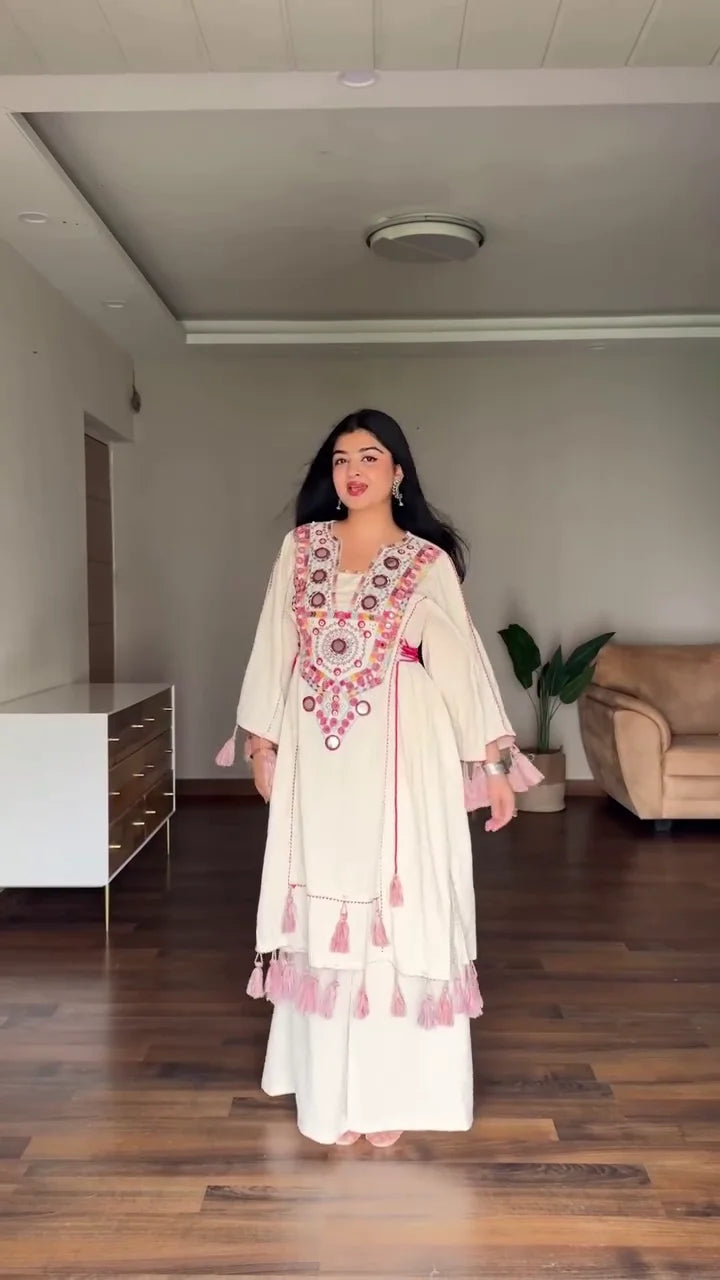 Trendy Women’s Ethnic Kaftan Kurti Set with Palazzo – Stylish Embroidered & Tassel Detailing | Comfortable Daily Wear & Festive Traditional Outfit