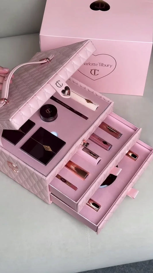 All-in-One Makeup Organizer Set with Mirror, Lipsticks, Mascara, Eyeshadows, Blush, Face Powders, and Brushes – Perfect for Travel and Daily Glam