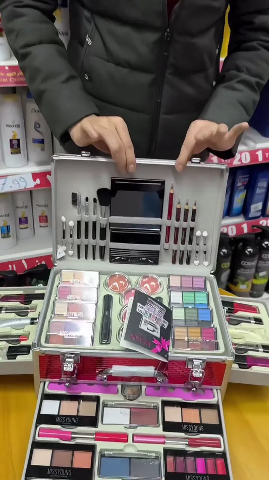 Miss Young Premium Makeup Trolley Case – Complete Beauty Kit with Lipsticks, Eyeshadows, Blushers, Nail Polishes, Brushes & Pencils – Professional Cosmetic Organizer