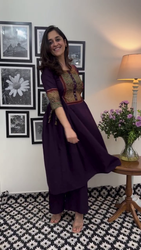 Set of 2 Elegant Traditional Kurtis in Purple and Mustard with Intricate Embroidery for a Stylish and Comfortable Look