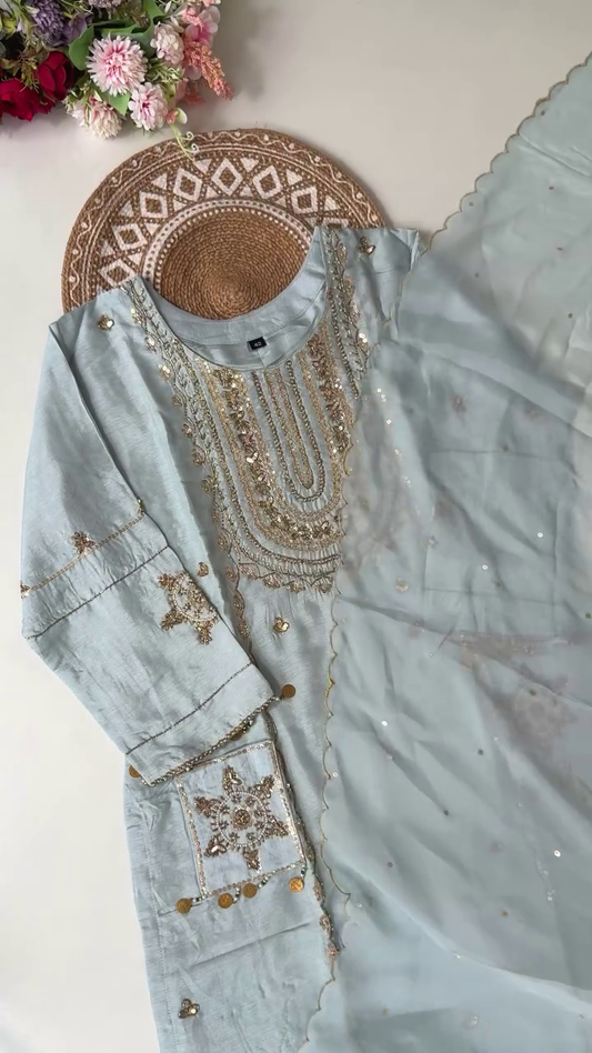Light Blue Embroidered Salwar Kameez with Gold Detailing and Sequins, Complete with Sheer Dupatta for Formal and Festive Occasions