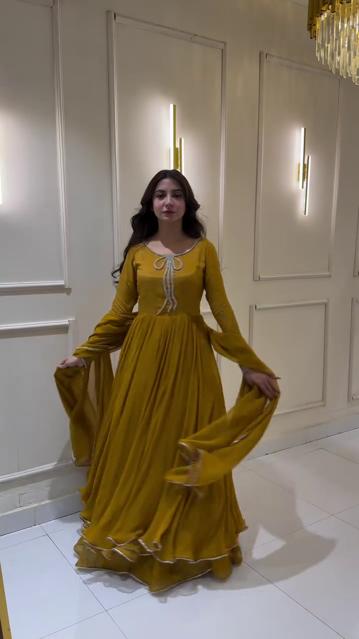 Mustard Yellow Anarkali with Pleated Skirt and Embellished Neckline – Perfect for Weddings and Festive Occasions