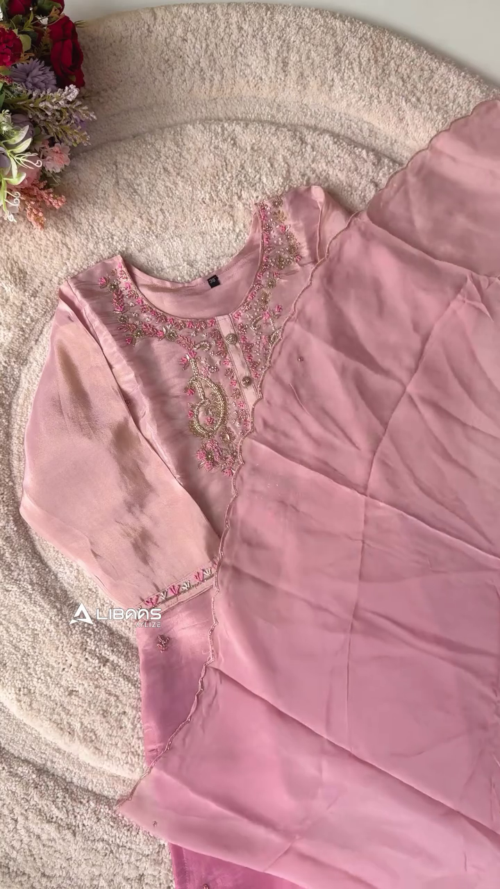 Pink Embroidered Kurti – Soft Fabric with Delicate Floral Detailing and Button Closure for a Timeless Traditional Look